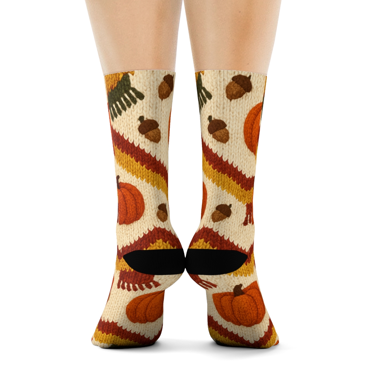 Knitted Pumpkin And Scarf Chevron On Creamy Beige Background trendy patterned crew socks