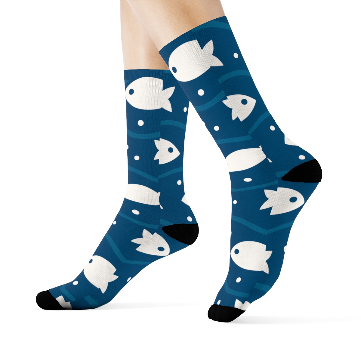 Cerulean Current With Fish Silhouettes premium sports crew socks
