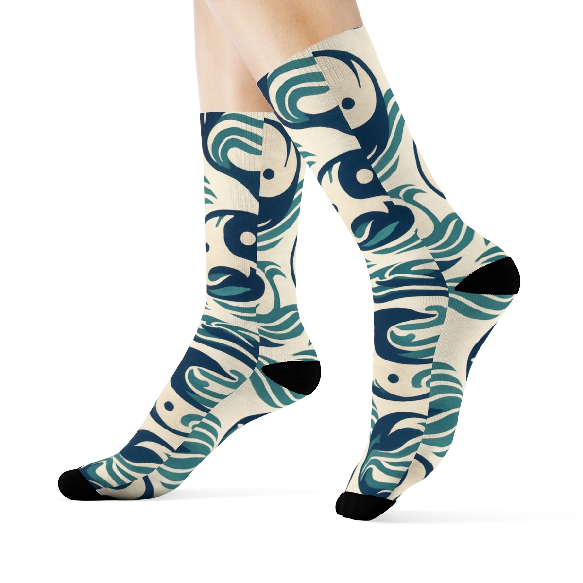 Indigo Wave Yin Yang Banding With Koi Pair Loops trendy patterned crew socksIndigo Wave Yin Yang Banding with Koi Pair Loops Crew Socks - Image 3