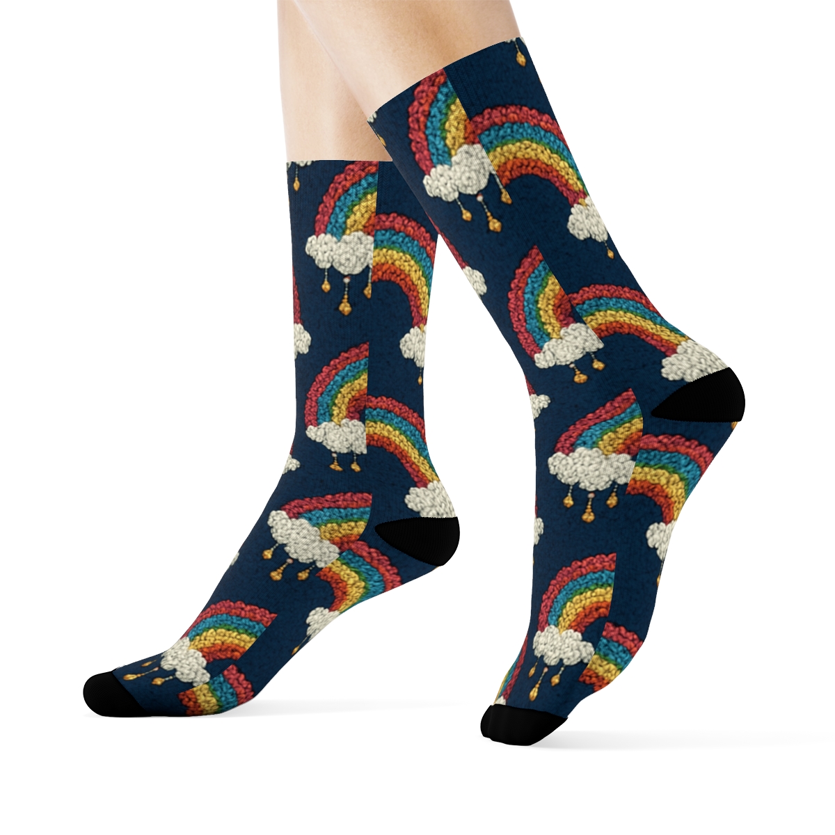 Rainbow Knit Arc Lattice On Midnight Navy premium sports crew socks