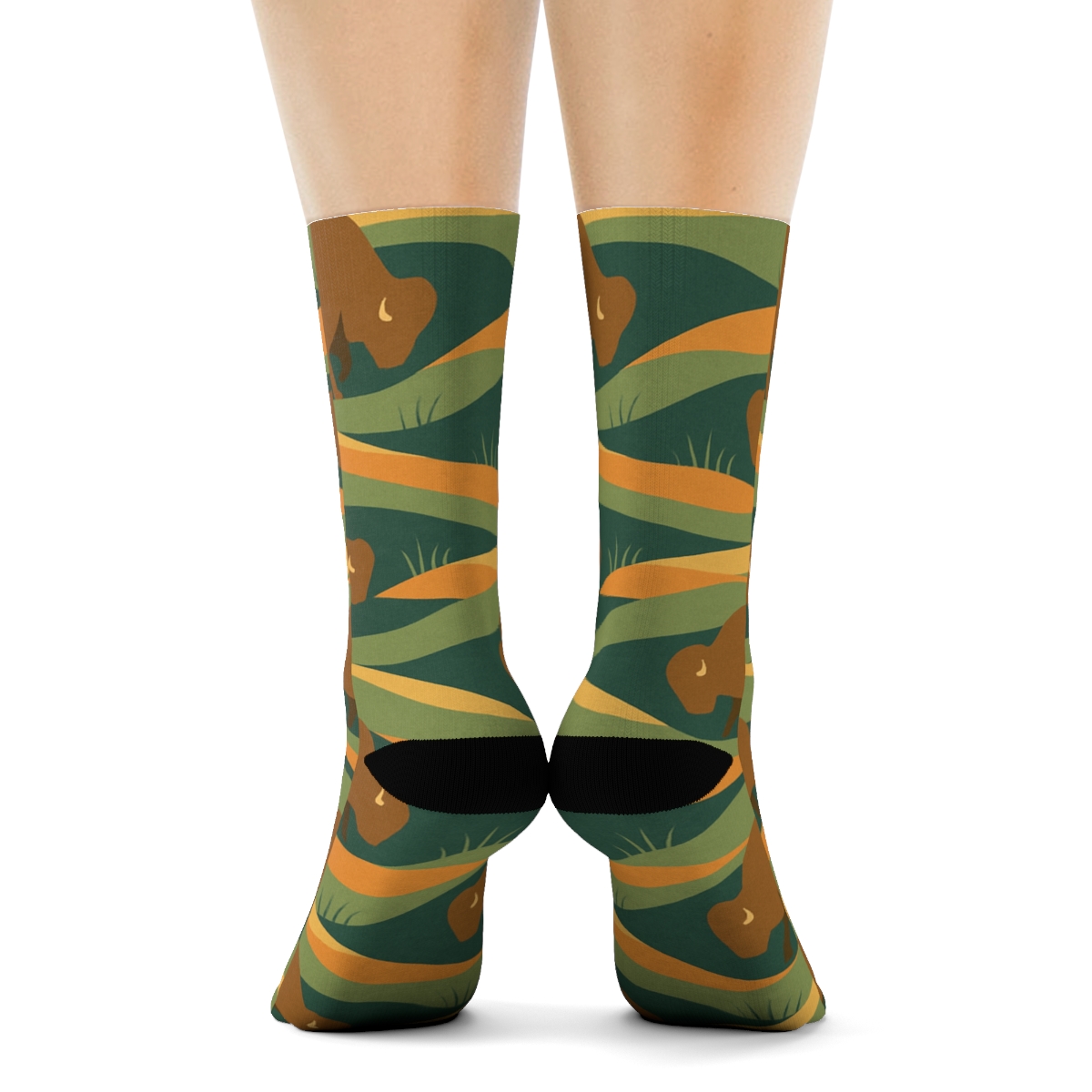 Prairie Landscape Wrap With Bison In Sunset Ochre unique graphic crew socks