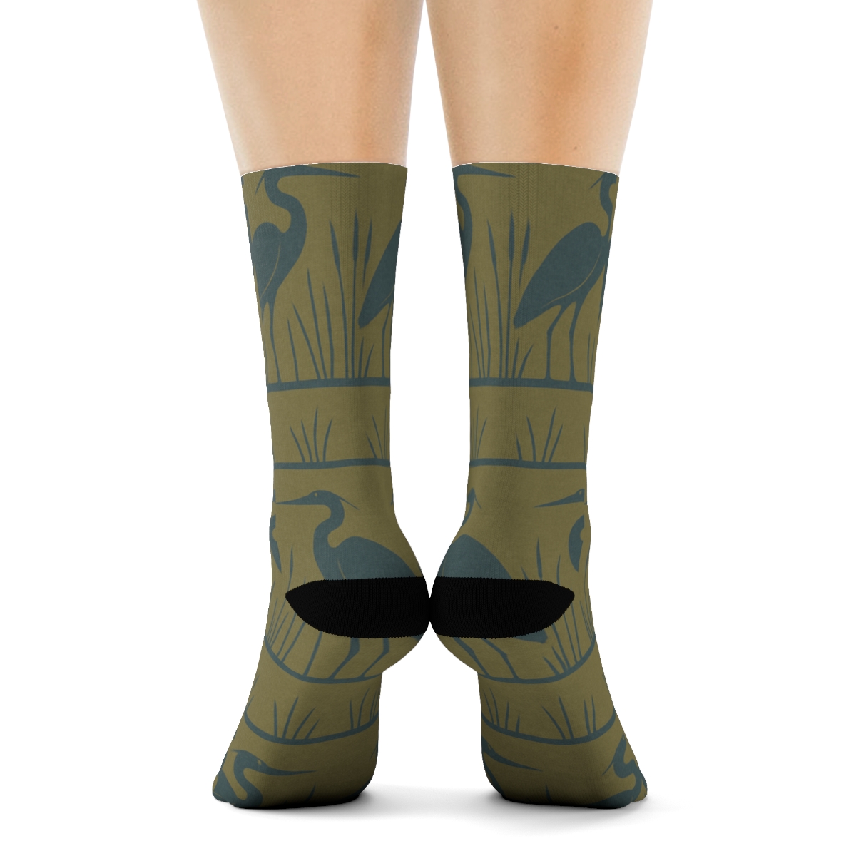 Heron Marsh Silhouette Horizon Bands On Olive Green designer printed crew socks