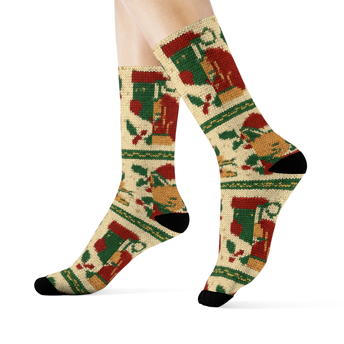 Cozy Knit Christmas Cats Fair Isle On Cream Background custom crew socks