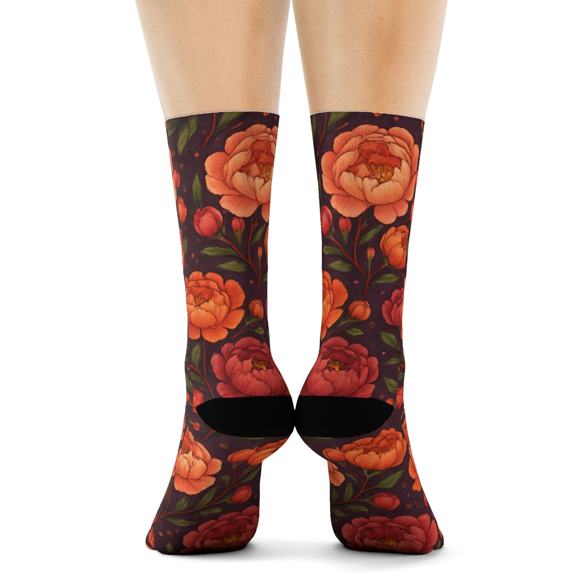 Sunset Peony Medallion Tessellation On Deep Plum Background designer printed crew socks