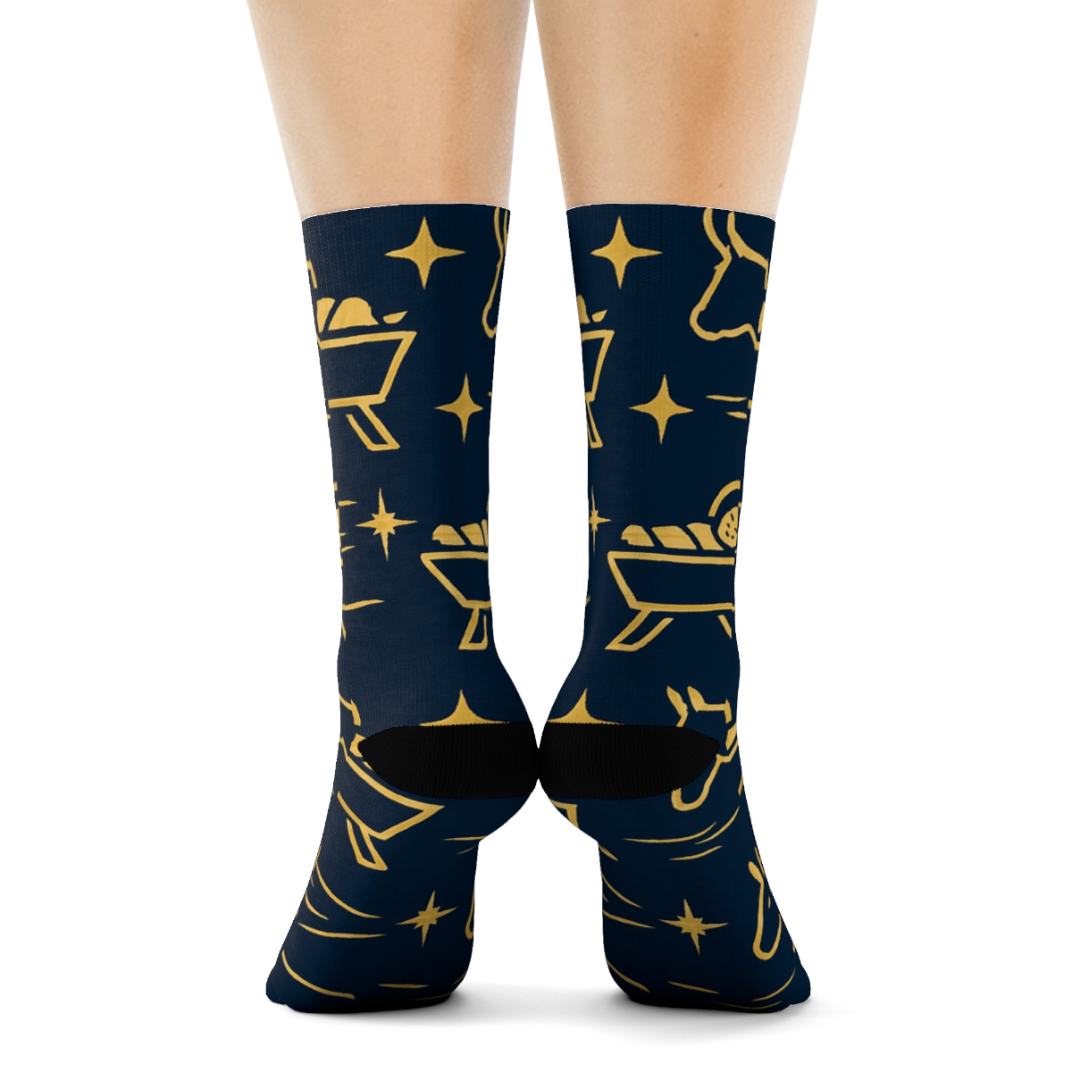 Manger Silhouette Grid With Baby Jesus designer printed crew socks