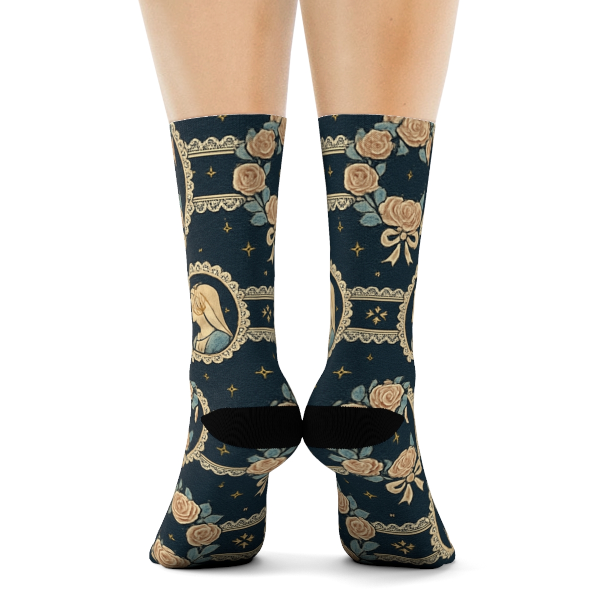Mary-Brocade Ribbon And Rose Medallions premium sports crew socks
