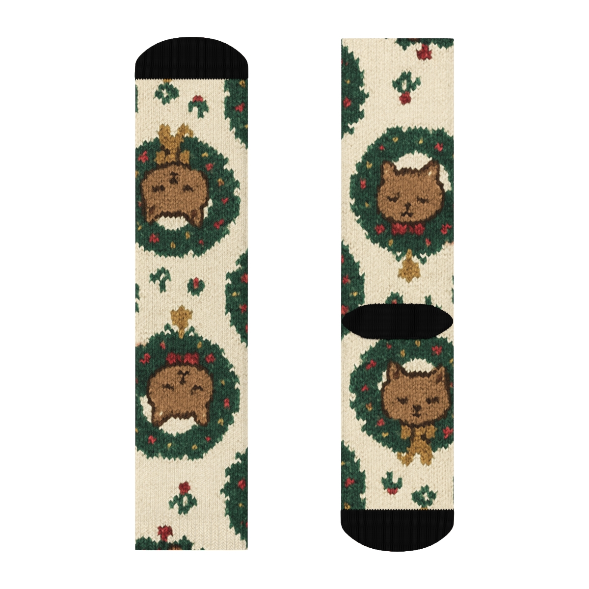 Cozy Knitted Sleepy Kittens Garland Grid On Warm Ivory Background designer printed crew socks