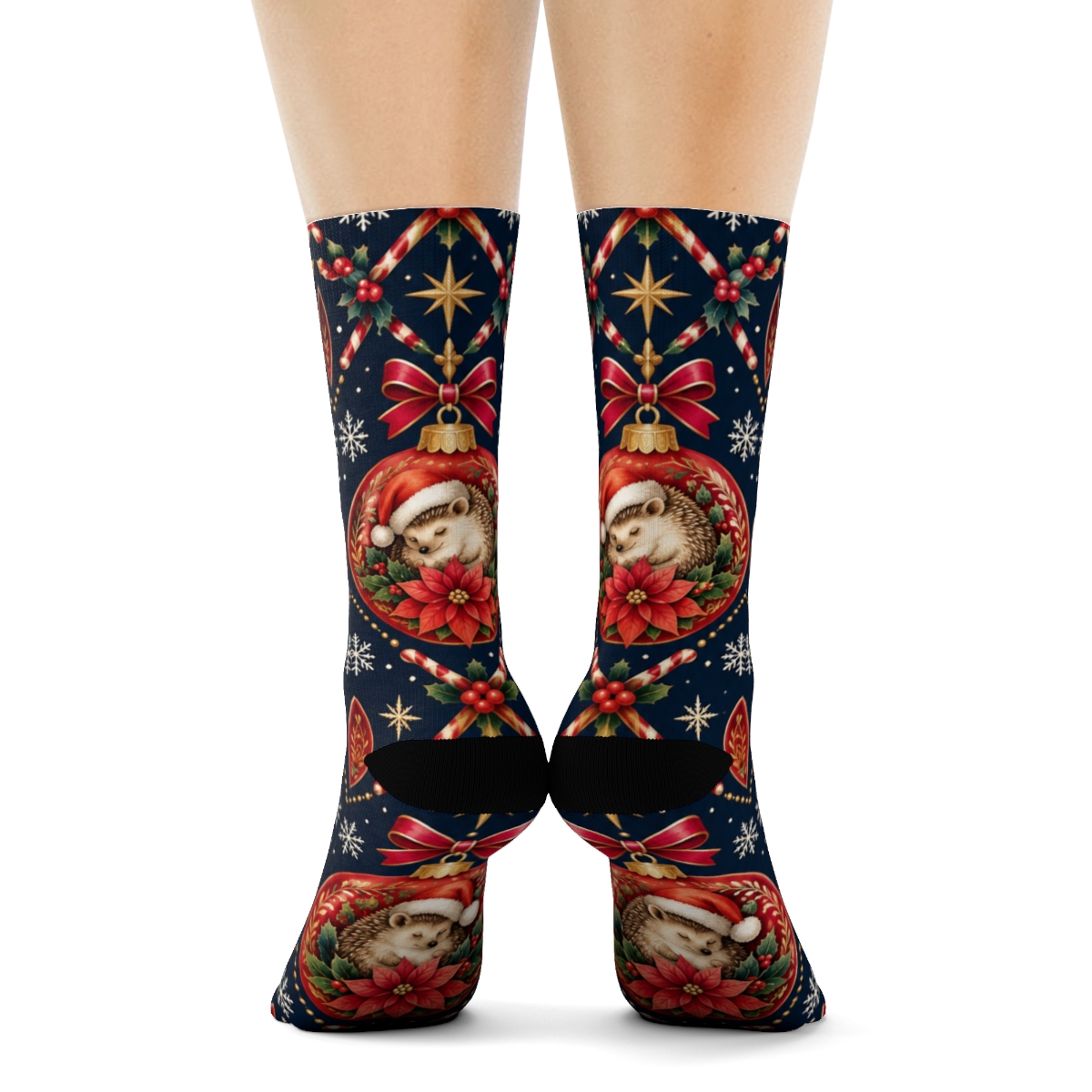 Poinsettia Hedgehog Bauble Diamond Weave On Midnight Blue Background comfortable cotton crew socks [AI-6d67d343-1beb20d9b5a0]