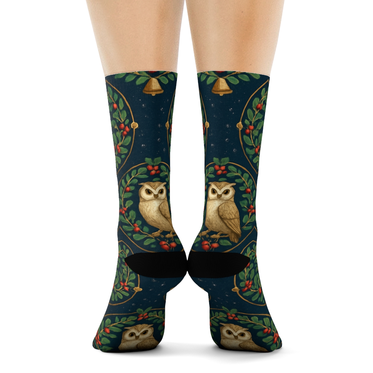 Mistletoe Owl Medallions On Navy Blue Background unique graphic crew socks