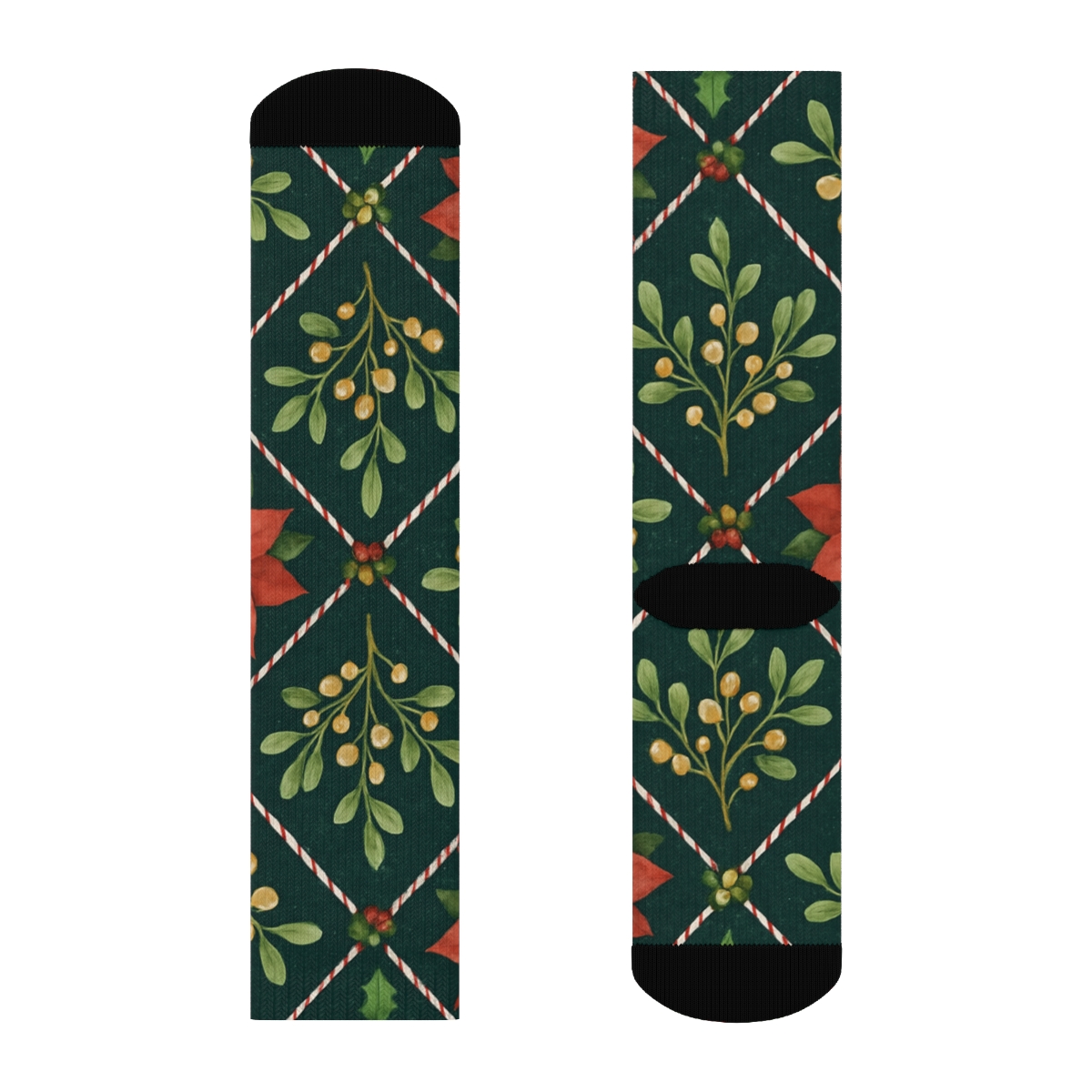 Crimson Poinsettia And Holly Lattice On Midnight Green Background unique graphic crew socks