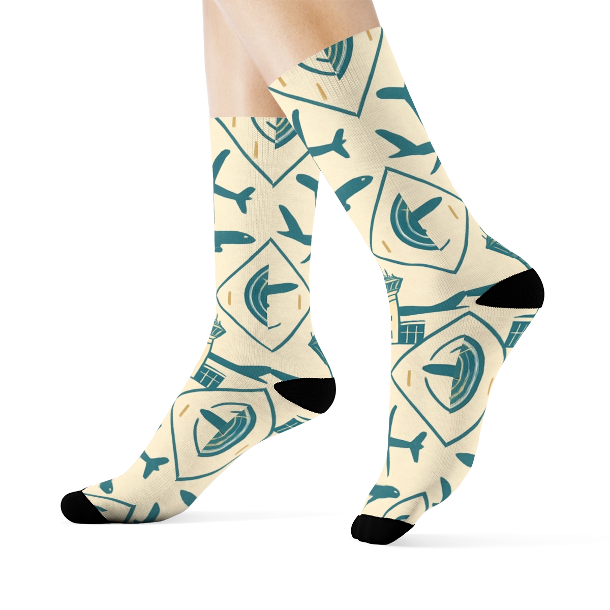 Control Tower Lattice With Air Traffic Controller Motifs designer printed crew socks