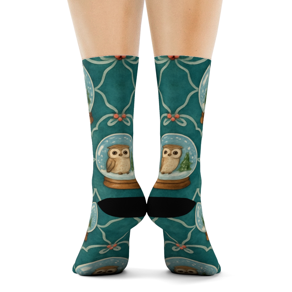 Owl Snow Globe Medallions On Teal Background unique graphic crew socks