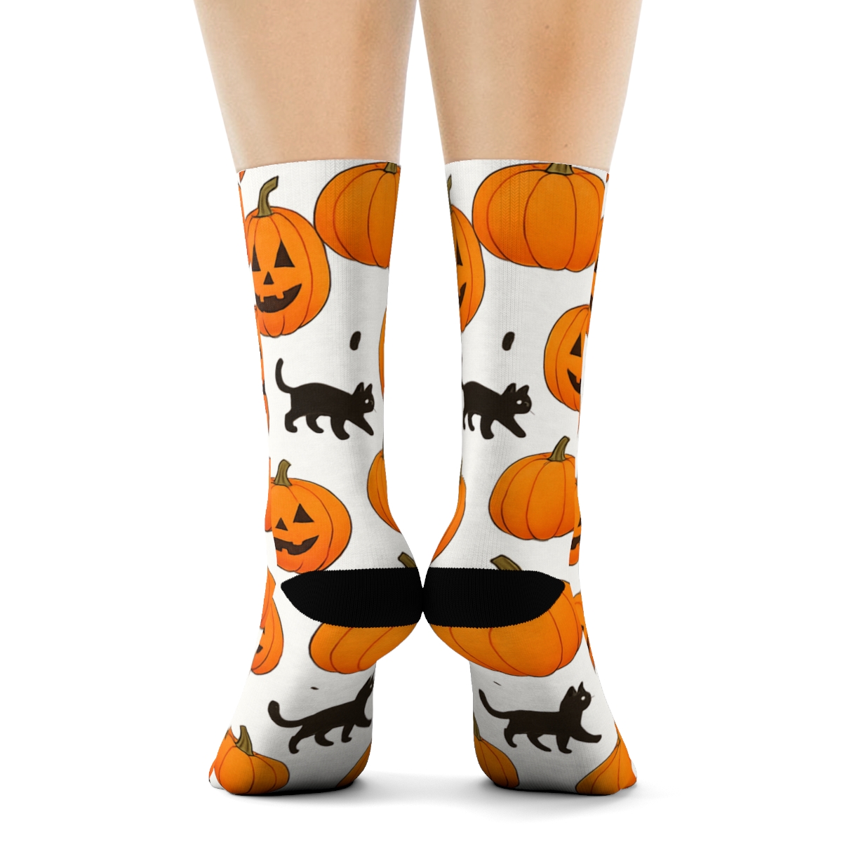 Orange Pumpkin Patch Scatter With Black Cats On White Background unique graphic crew socks
