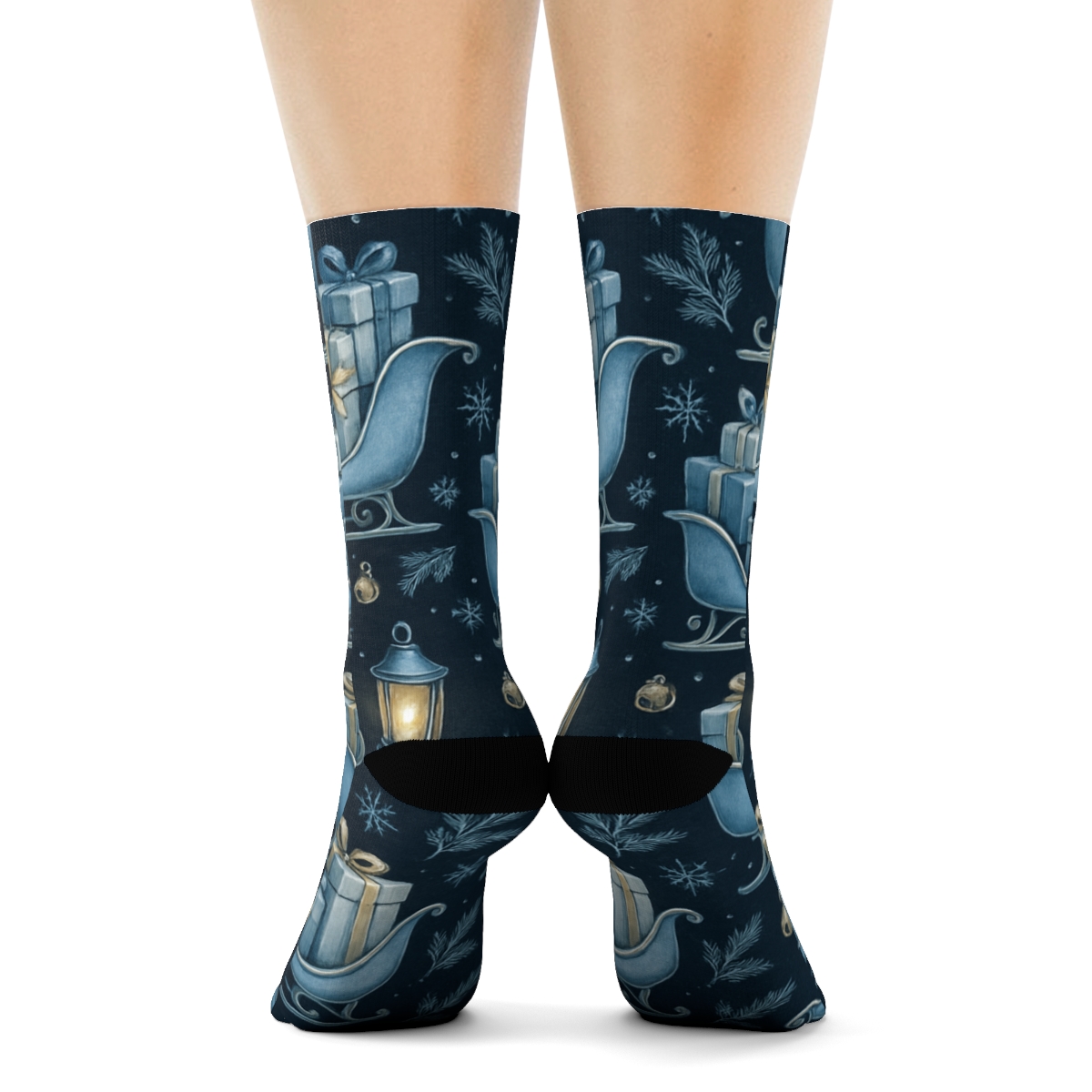 Lantern Lit Sleigh Tessellation In Icy Blue trendy patterned crew socks