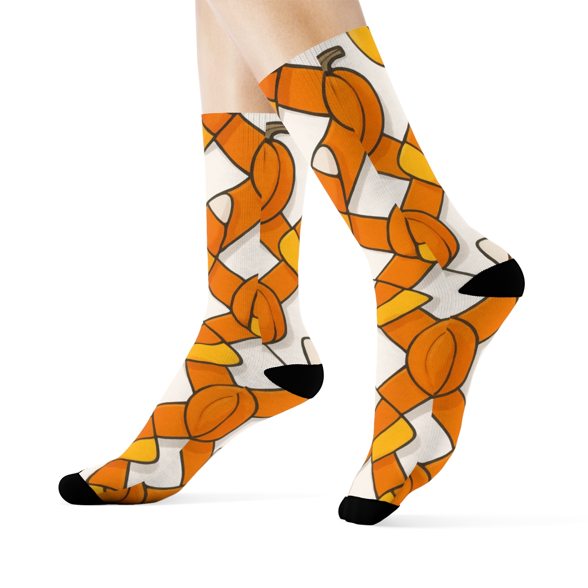 Orange Pumpkin And Candy Corn Diagonal Weave On White Background personalized crew socks