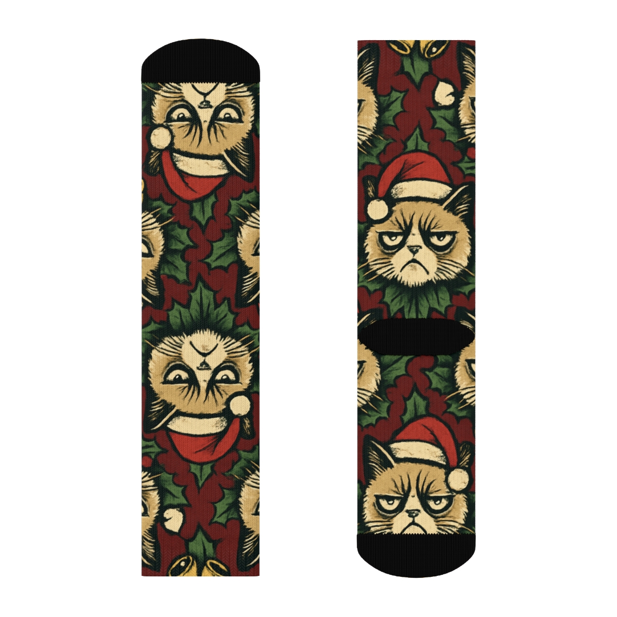 Holly Bow Grumpy Cats Diamond Tiling On Cranberry Red Background trendy patterned crew socks