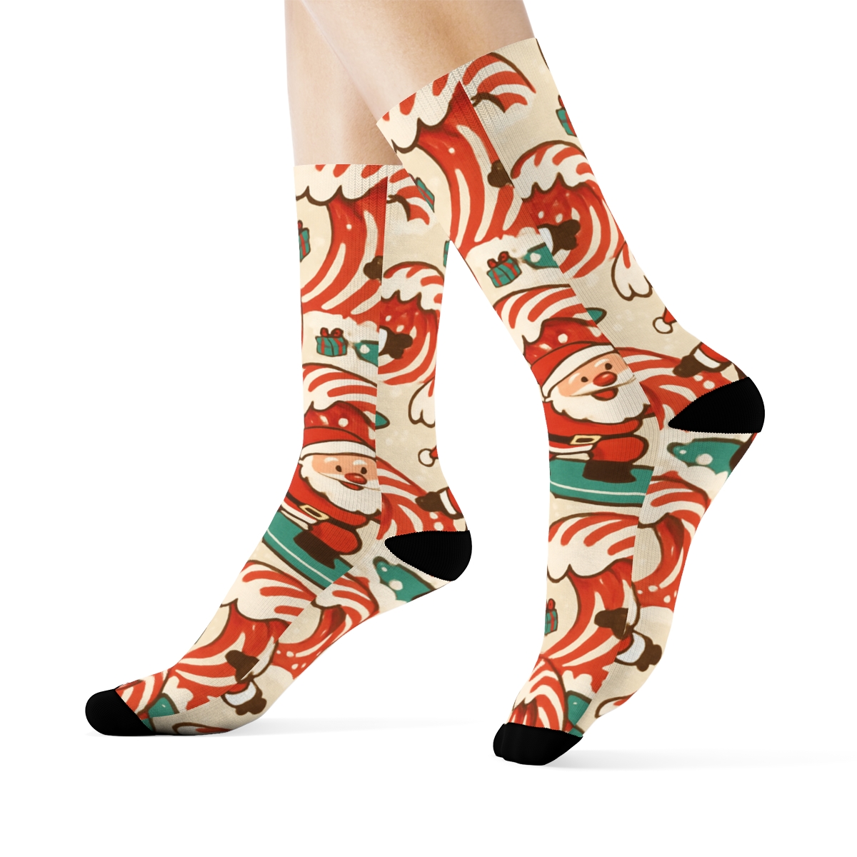 Santa Surfing Xmas Wave Repeat designer printed crew socks