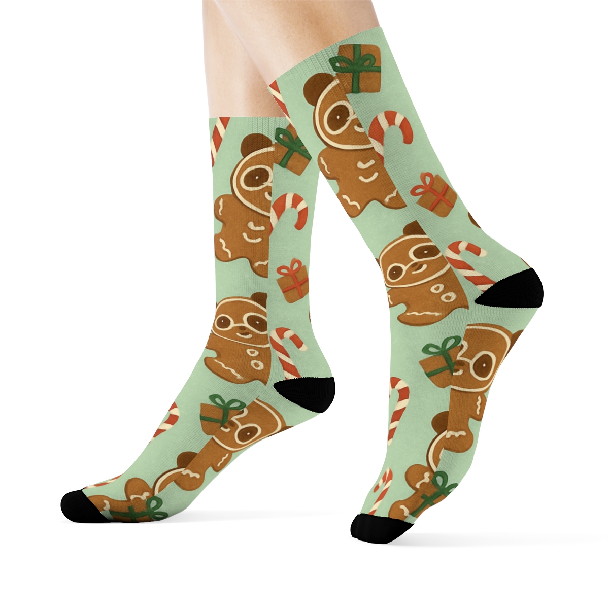 Gingerbread Panda Cookie Scatter On Mint Background stylish athletic crew socks