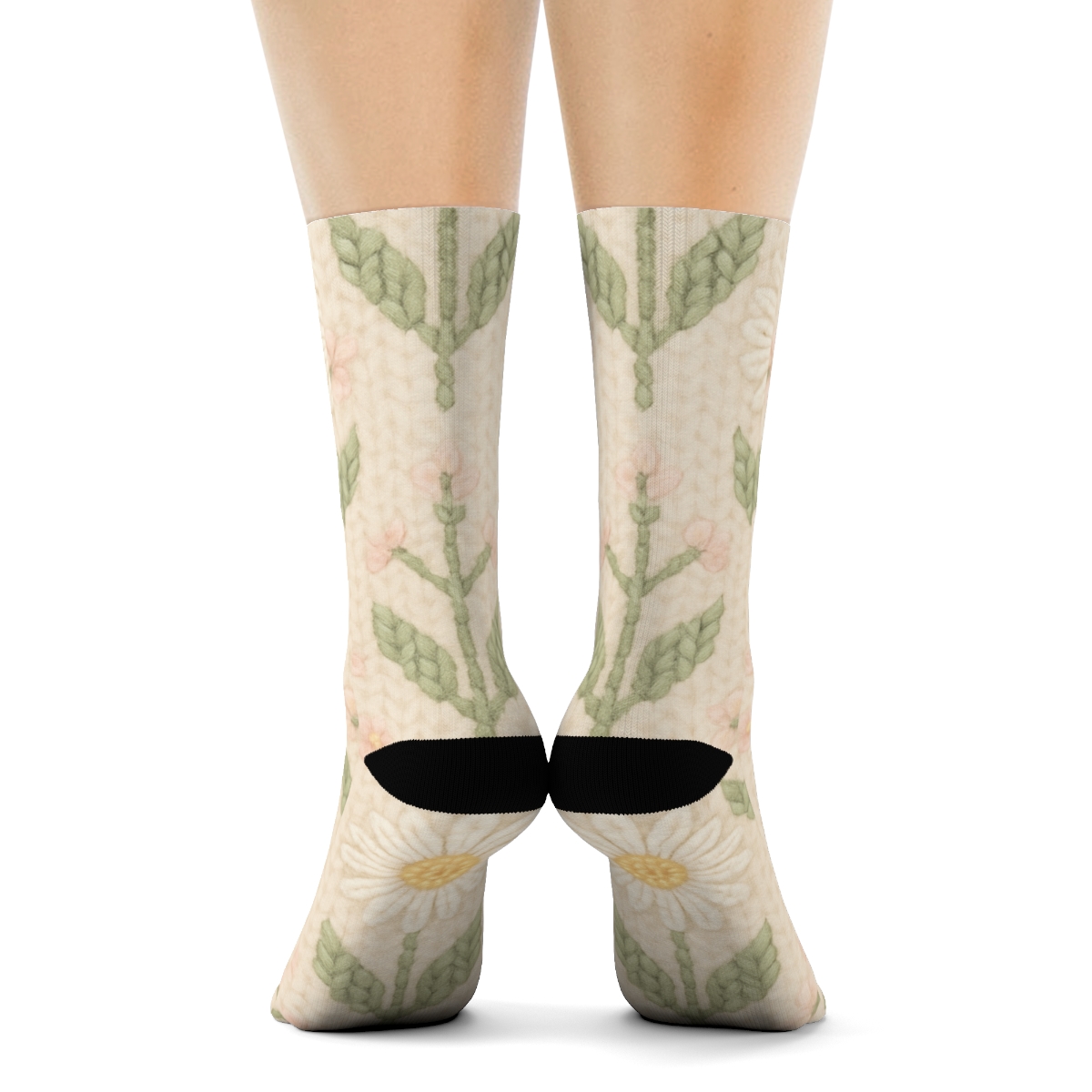 Sage Wildflower Knitted Lattice On Warm Cream Background trendy patterned crew socks