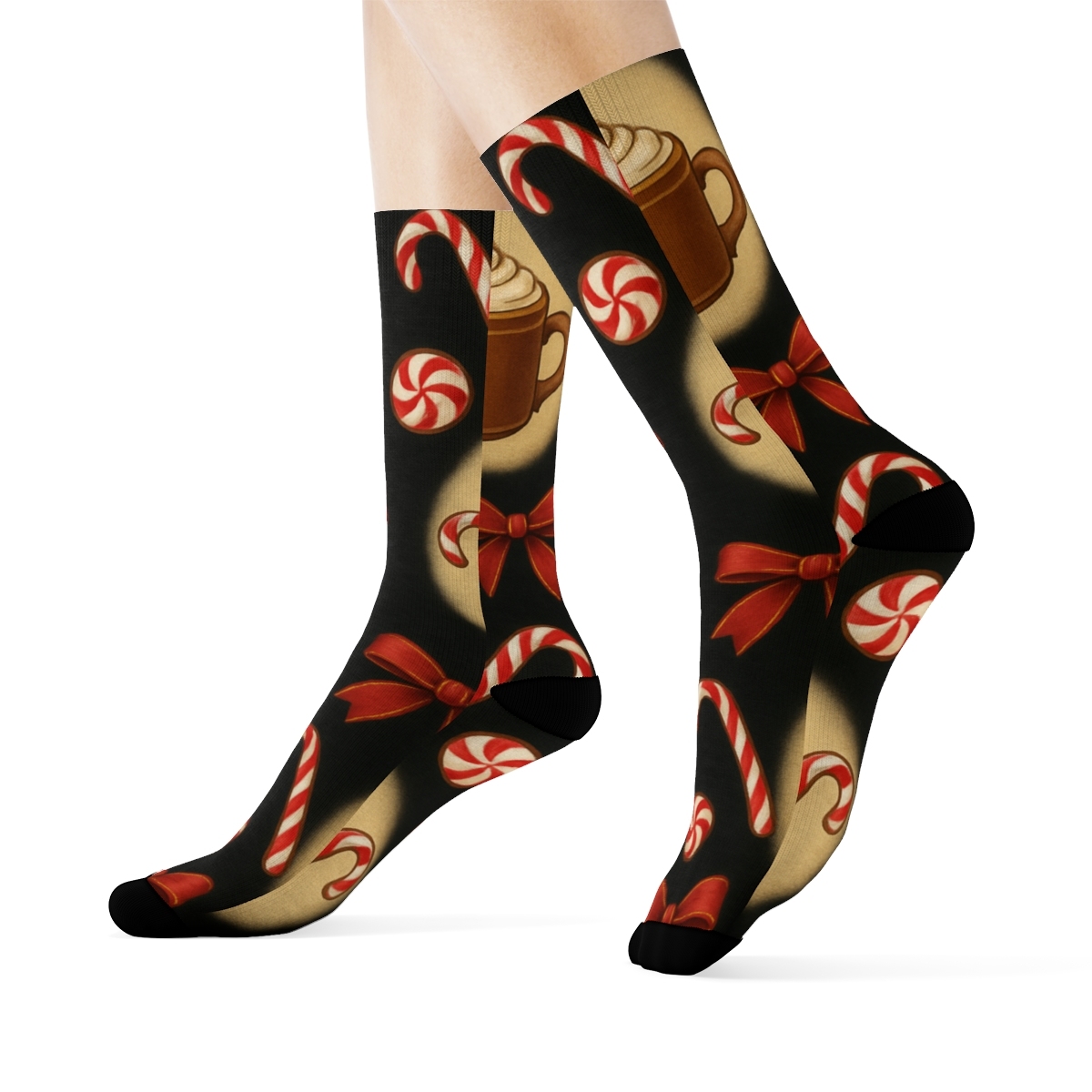 Candy Canes Vignette Wrap Pattern With Cocoa Mugs On Black premium sports crew socks