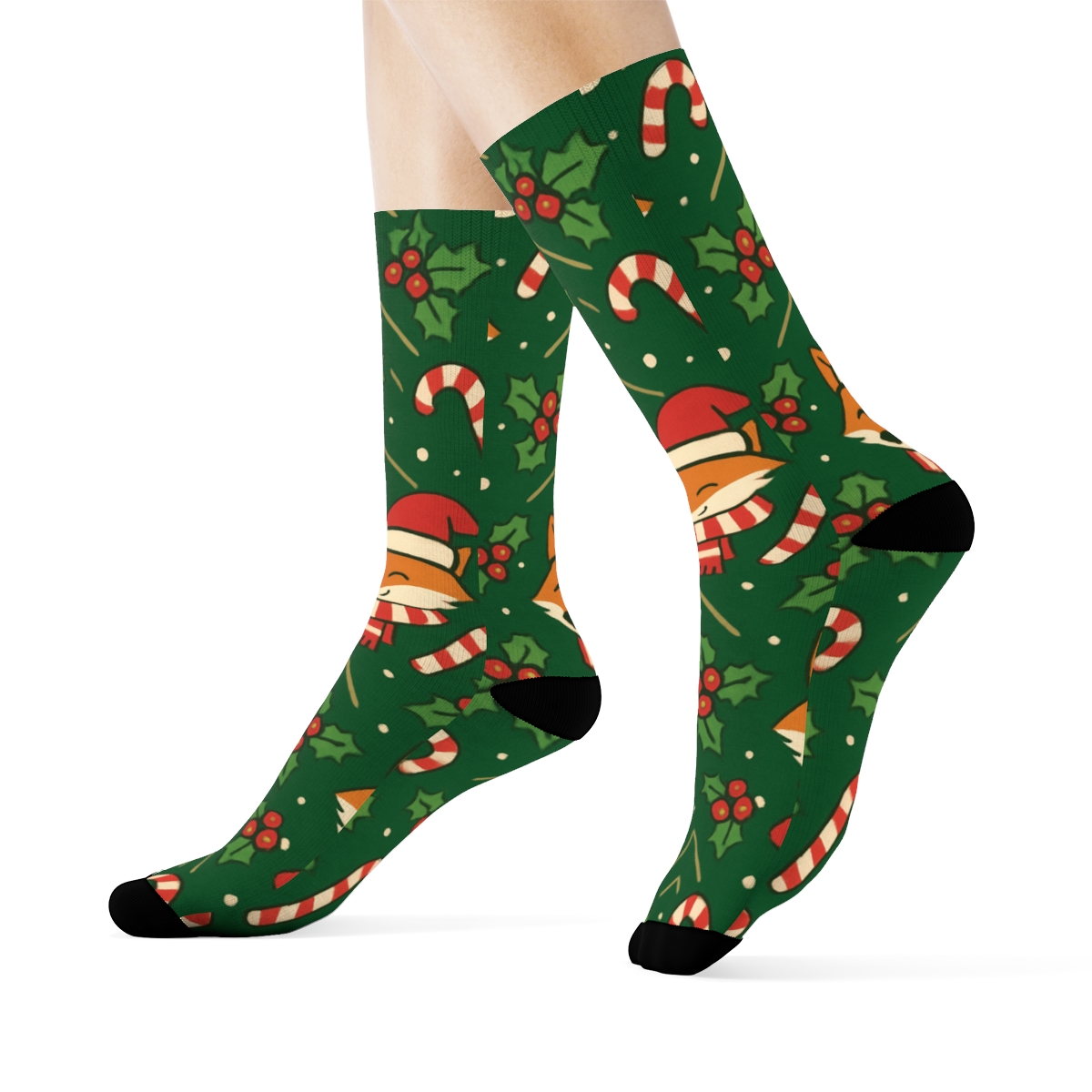 Candy Cane Fox Chevron On Forest Green Background designer printed crew socks
