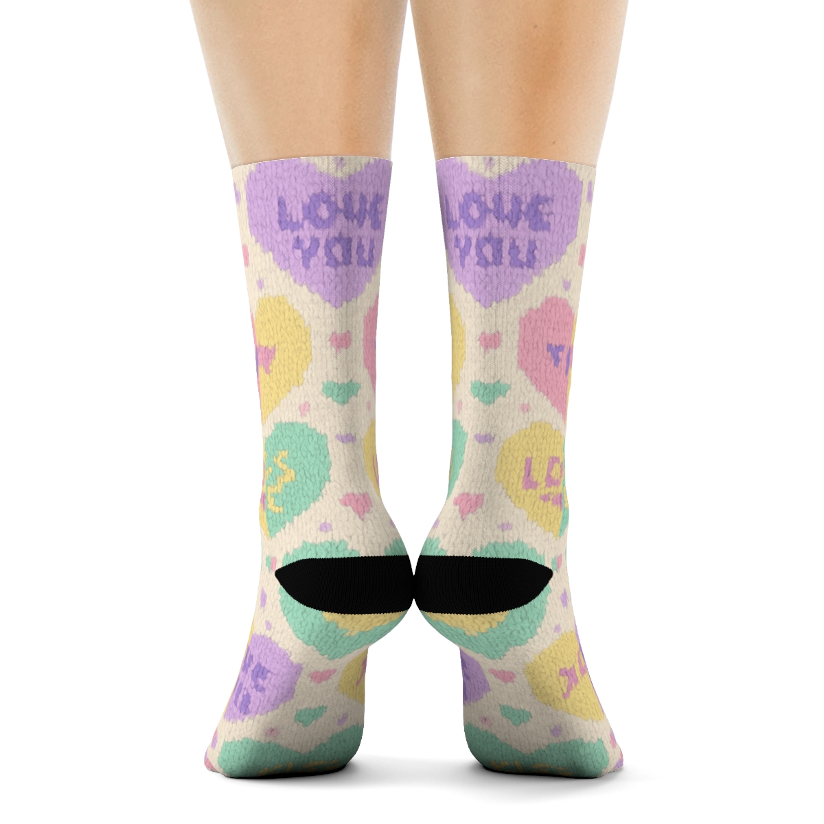 Candy Heart Knit Illusion With Valentines Candy Heart Motifs comfortable cotton crew socks