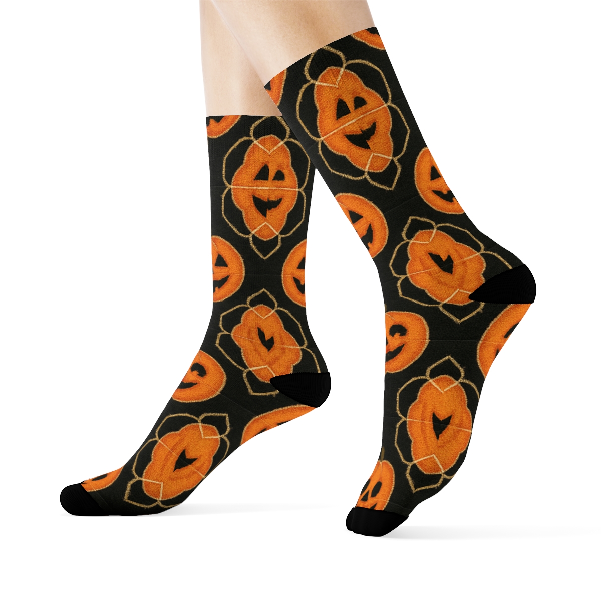 Orange Pumpkin Rosette Quilt Blocks On Black Background stylish athletic crew socks