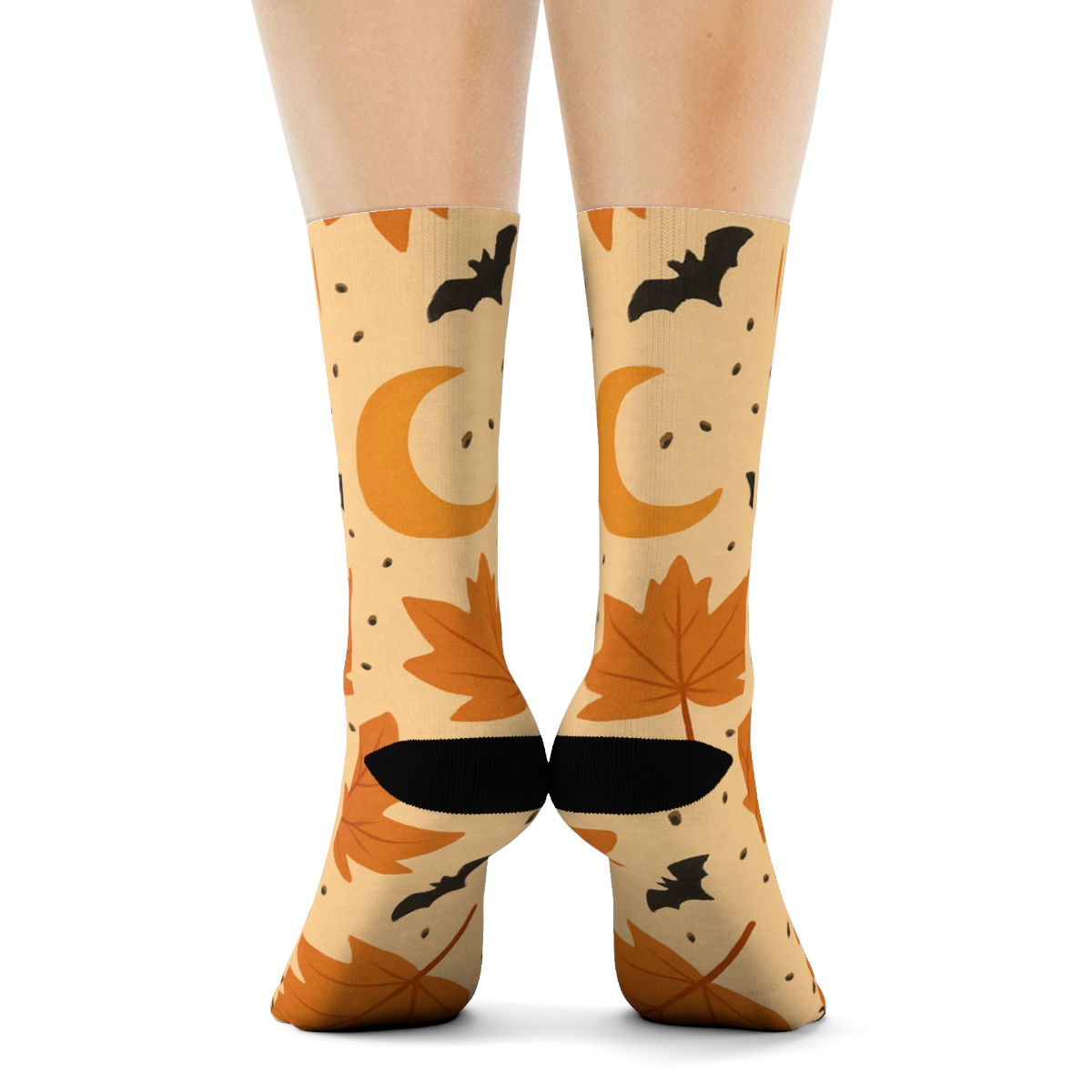 Autumn Leaf And Crescent Moon Scatter On Proper Neutral Background designer printed crew socks