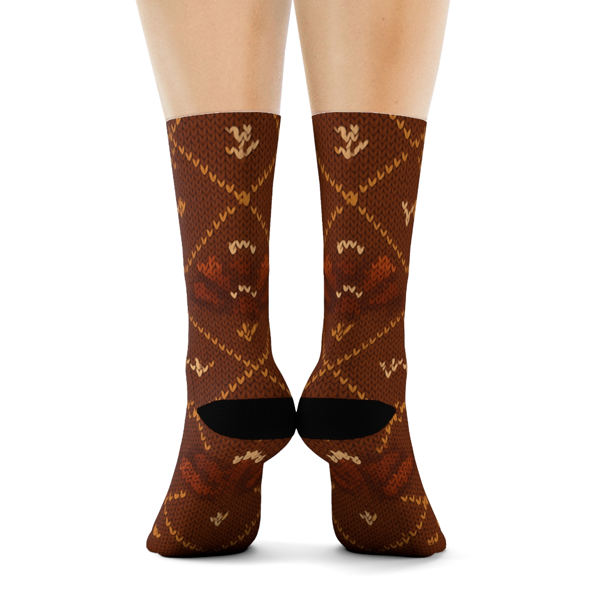 Turkey Feather Lattice On Warm Brown comfortable cotton crew socks