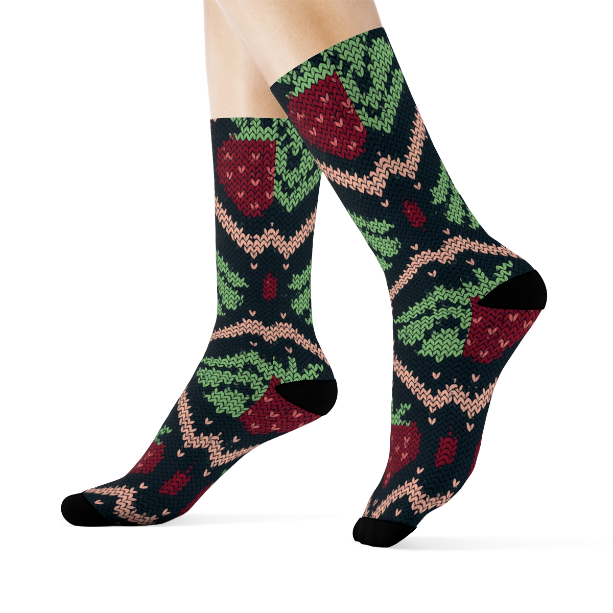 Knitted Strawberry Seed Chevron On Black Background personalized crew socks