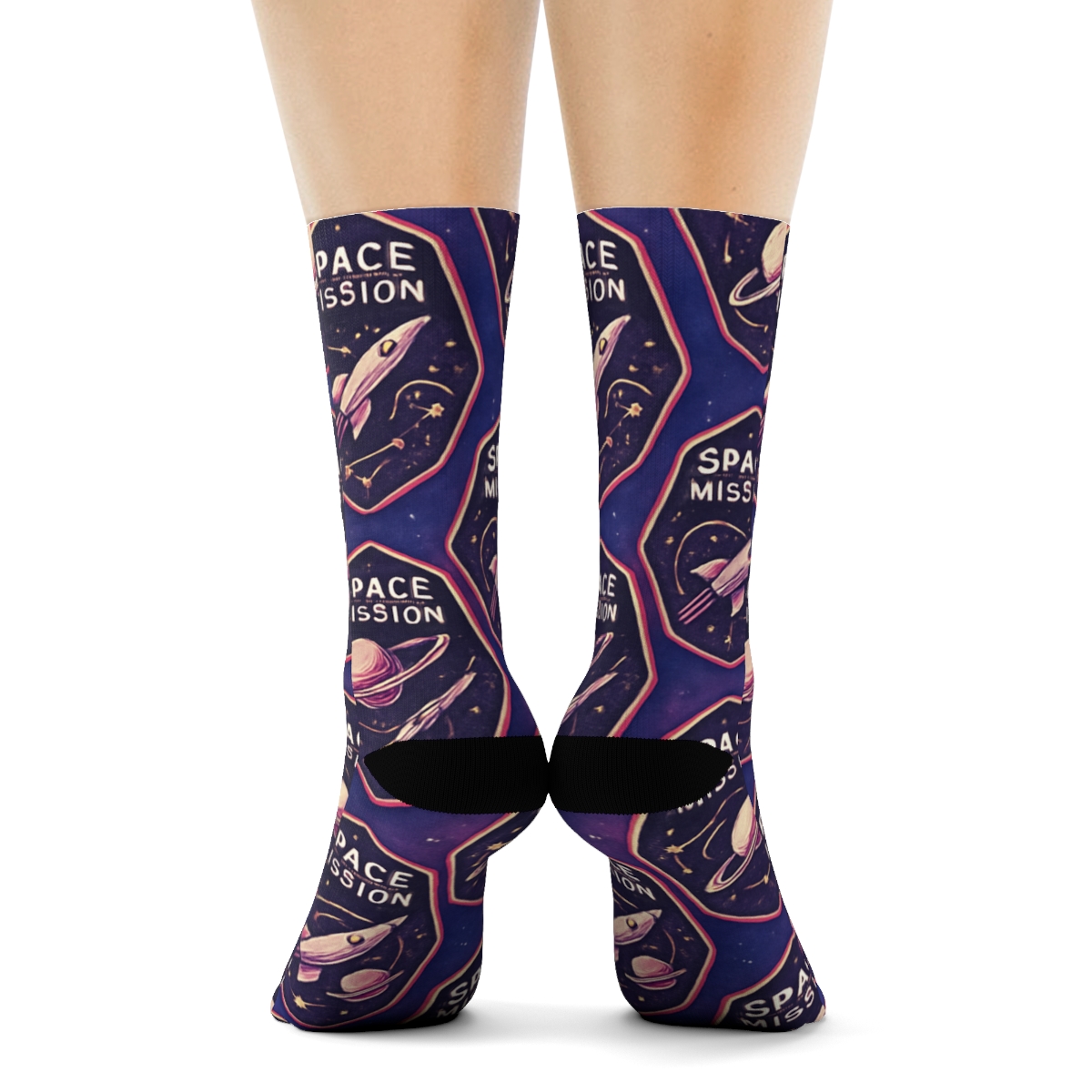 Cosmic Purple Retro Mission Patch Tessellation On Nebula Gradient trendy patterned crew socks
