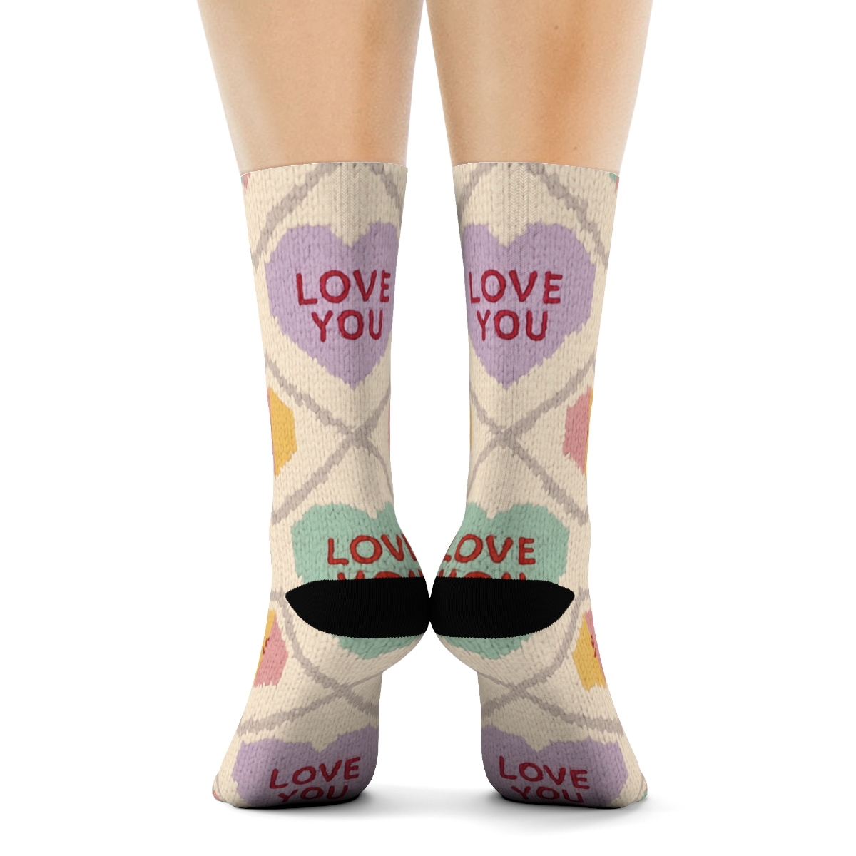 Valentines Candy Heart Knit Illusion Lattice Pattern stylish athletic crew socks