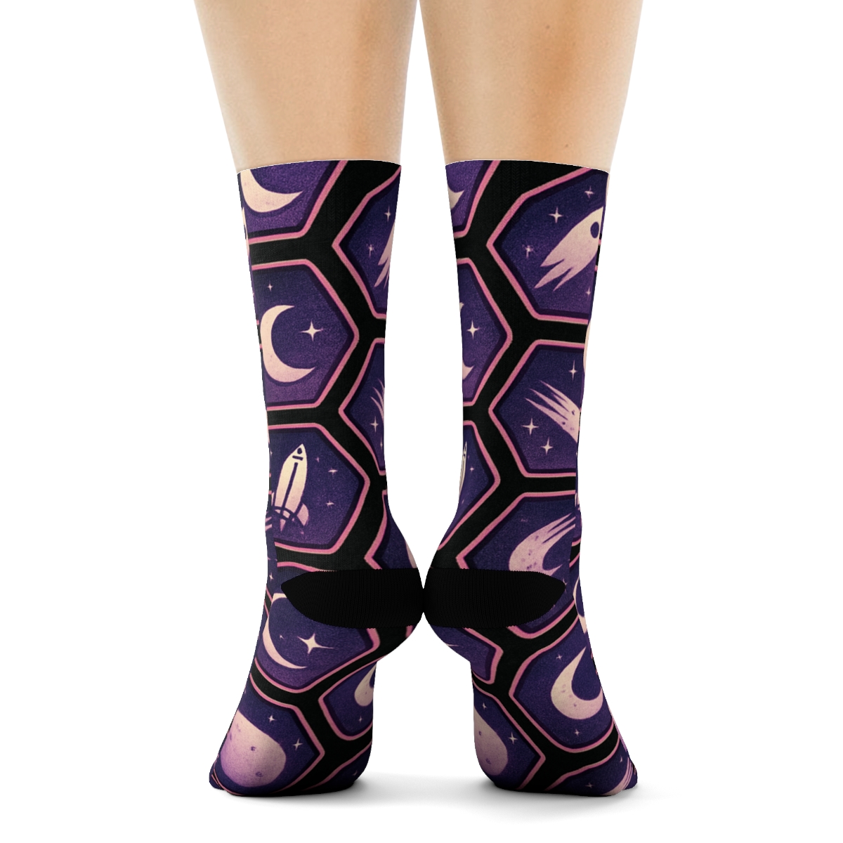Cosmic Purple Retro Mission Patch Tessellation On Black Background premium sports crew socks