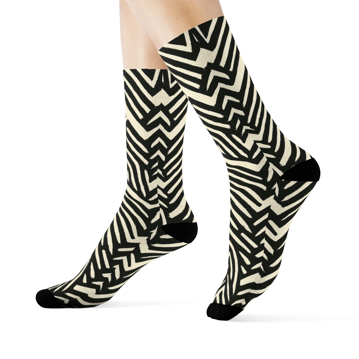 Teal Inlay Zebra Chevron Fragments On Warm Cream premium sports crew socks