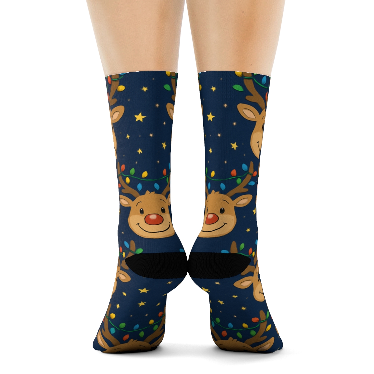 Tangled Xmas Light Reindeer On Night Blue stylish athletic crew socks