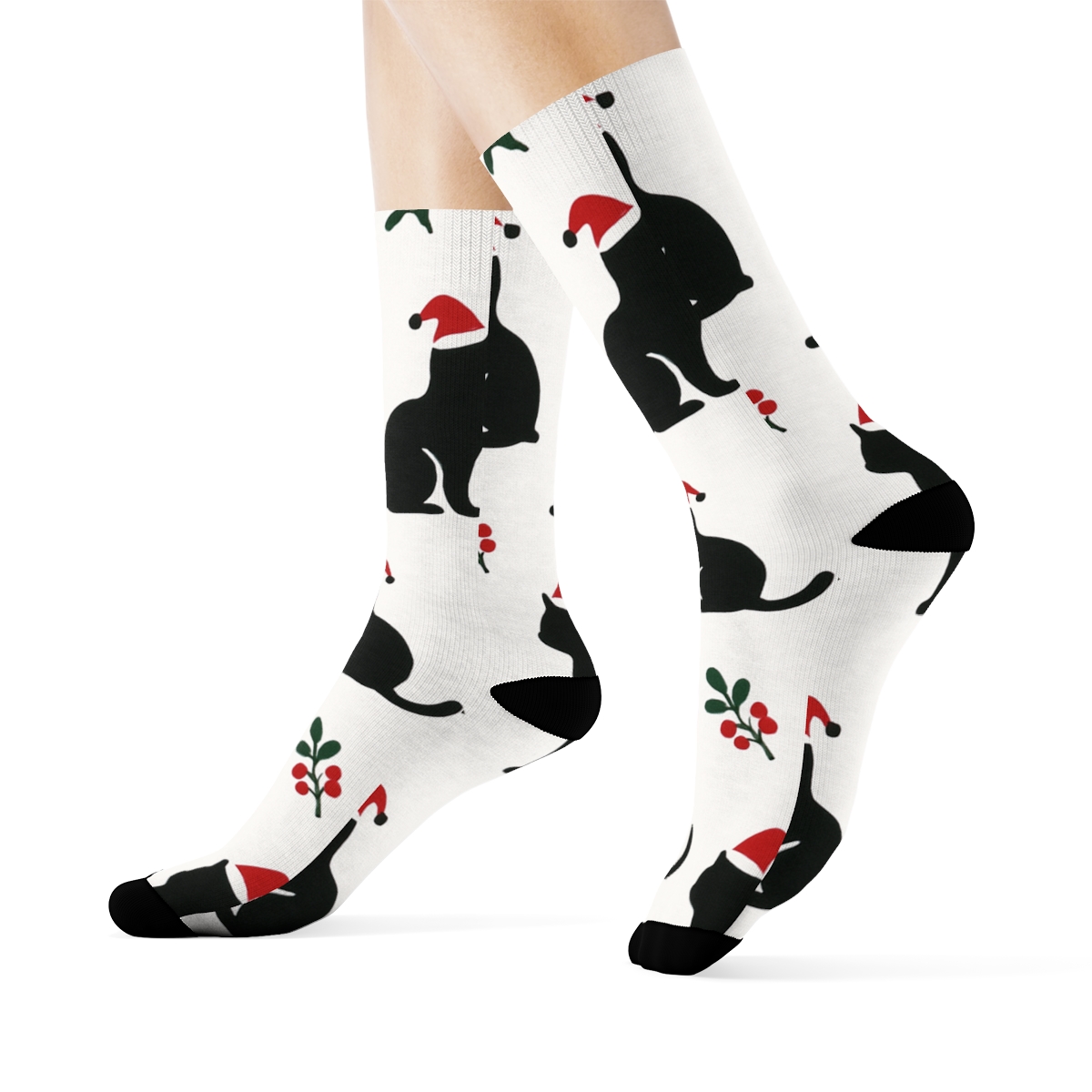 Mistletoe Cat Silhouette Scatter On White Background comfortable cotton crew socks