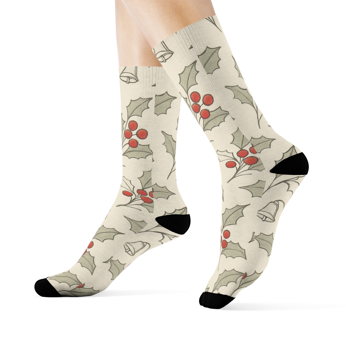 Vintage Holly And Bell Linework Grid On Warm Ivory Background premium sports crew socks