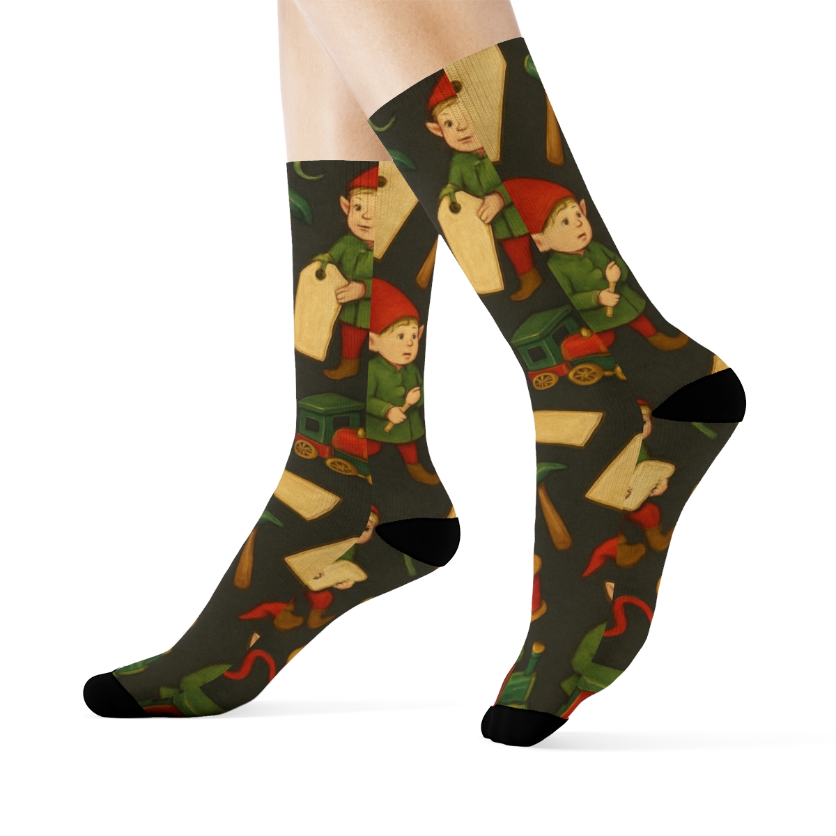 Elf Workshop Holiday Collage Scatter unique graphic crew socks