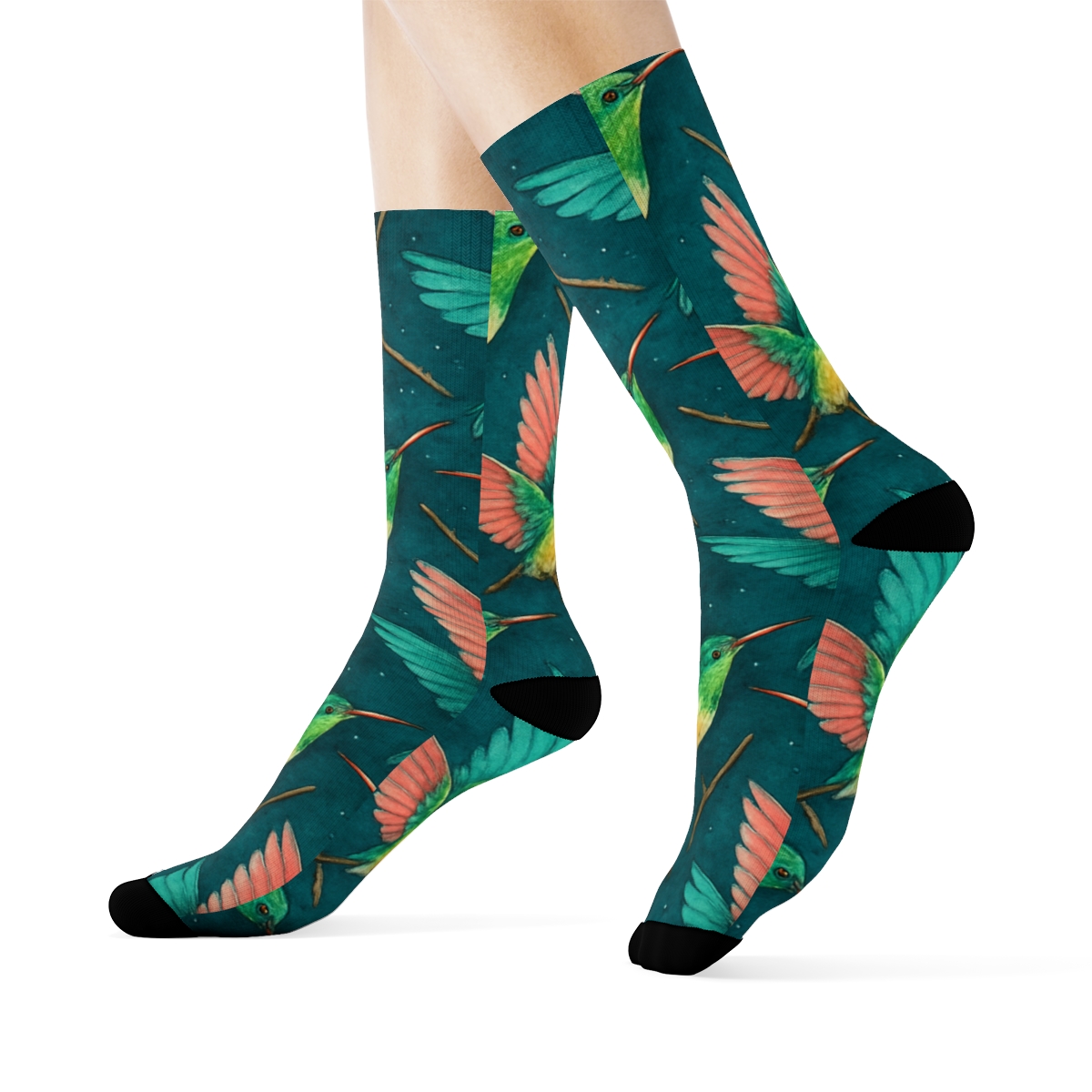 Hummingbird Wing Whirl Tessellation On Deep Teal Background trendy patterned crew socks