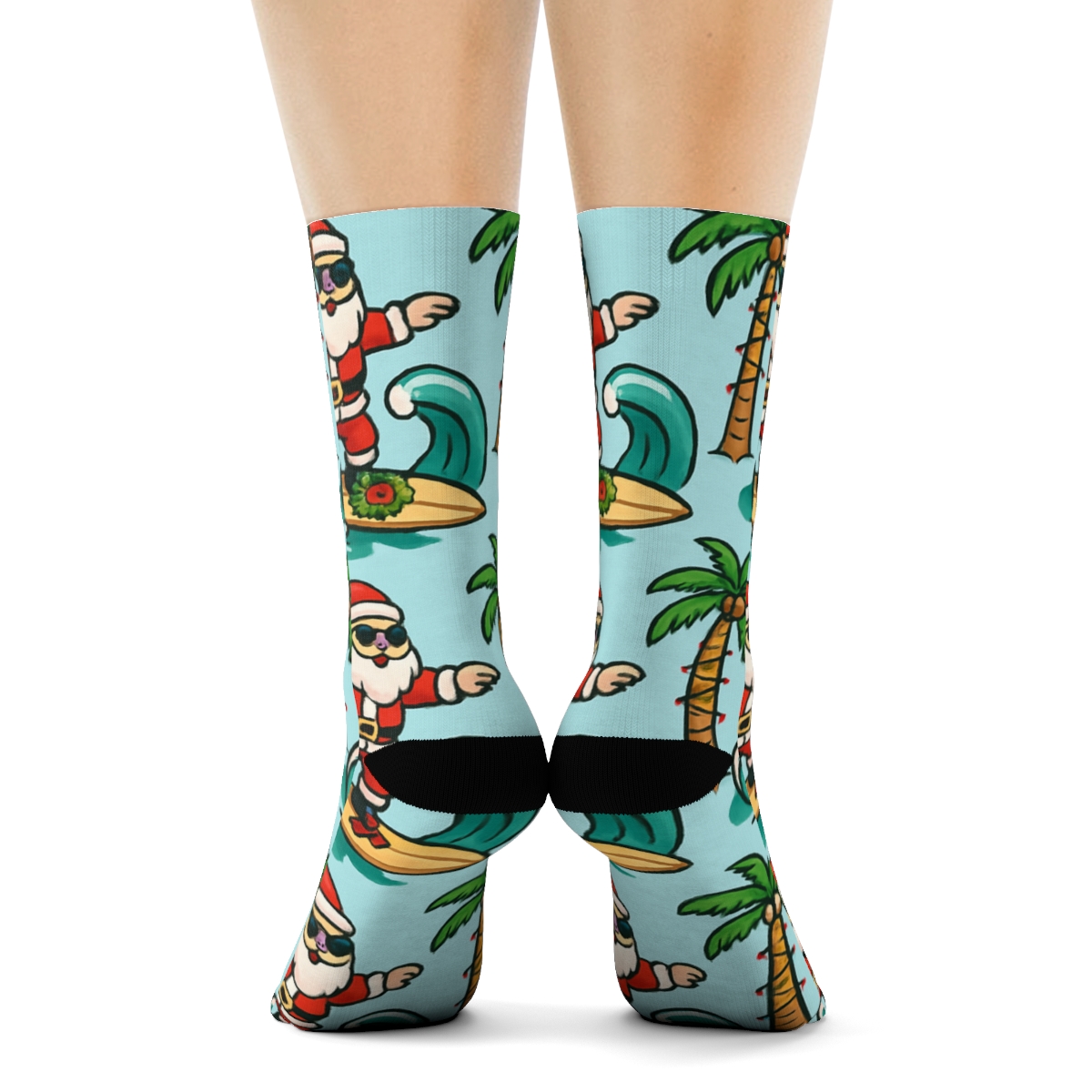 Santa Surfing Coastal Christmas Print premium sports crew socks