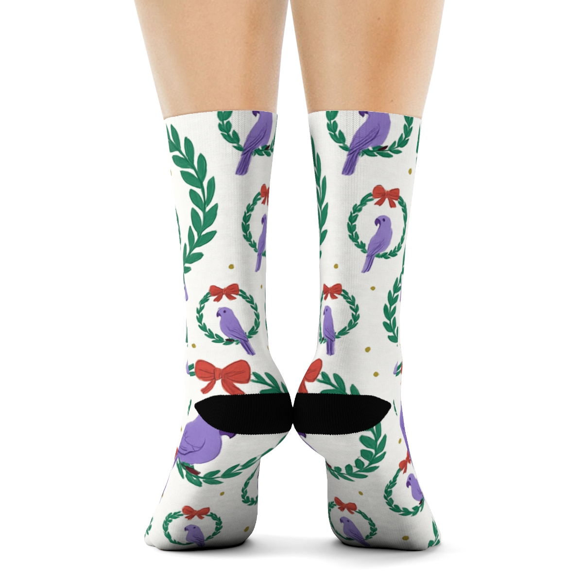 Lavender Parrot Wreath Ring Repeat On White Background designer printed crew socks