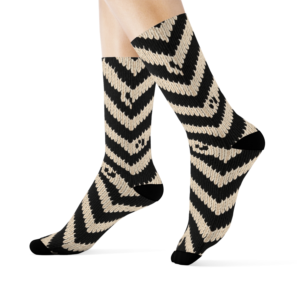 Knitted Zebra Chevron Field With Hoof Print Accents On Warm Cream soft everyday crew socks