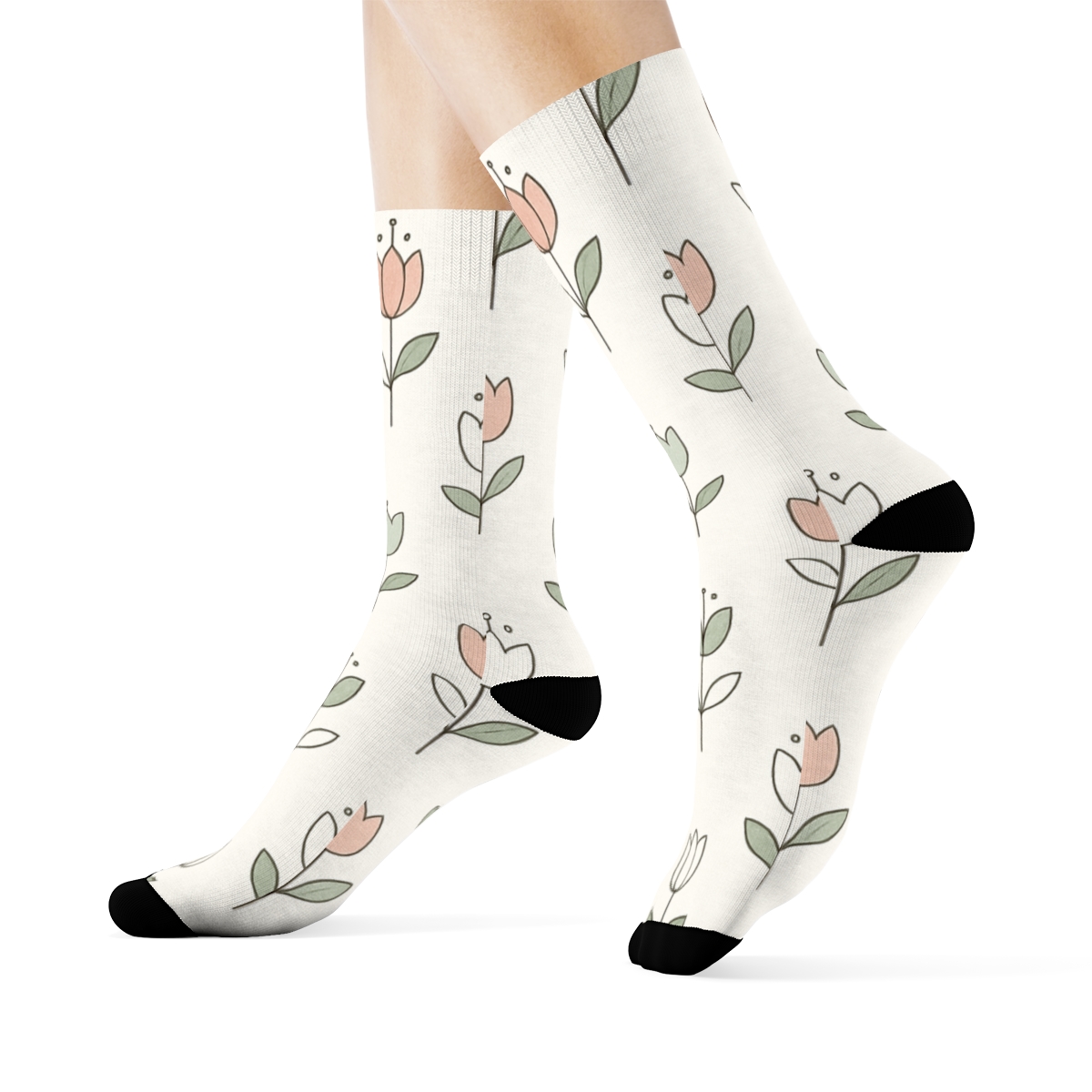 Sage Tulip Grid On Ivory Background soft everyday crew socks