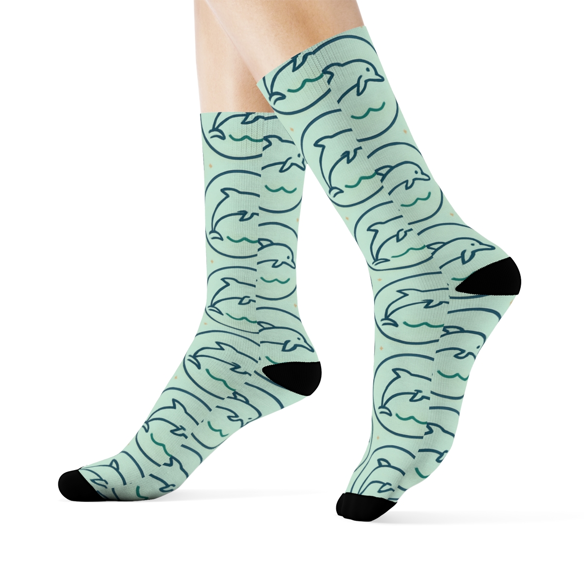Coastal Medallions With Dolphin In Minimal Sea Foam Blue designer printed crew socks