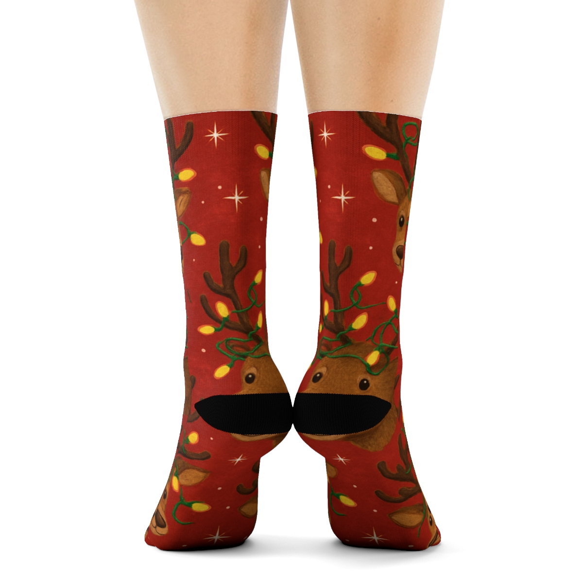 Reindeer With Holiday Lights Scatter On Crimson designer printed crew socks