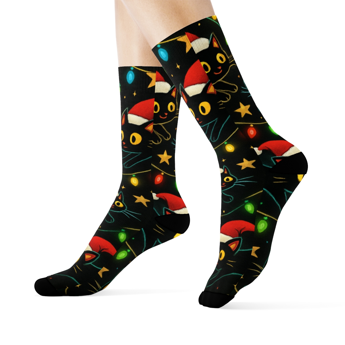Midnight Galaxy Christmas Cat Lights Pattern trendy patterned crew socks