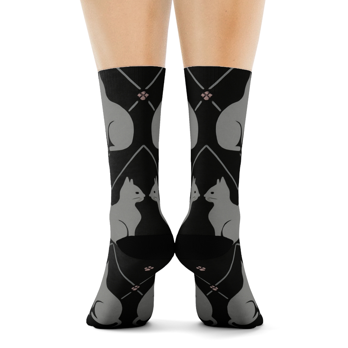 Mirrored Pair Design With Midnight Cat Silhouettes stylish athletic crew socks