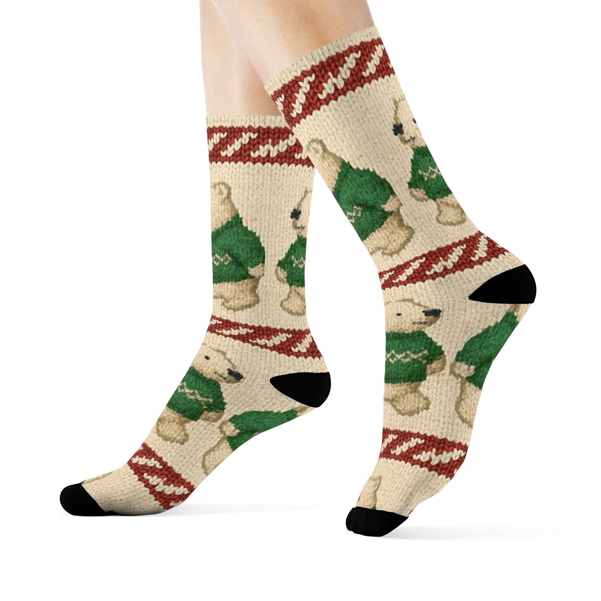 Knitted Polar Bear Candy Cane Stripes unique graphic crew socks