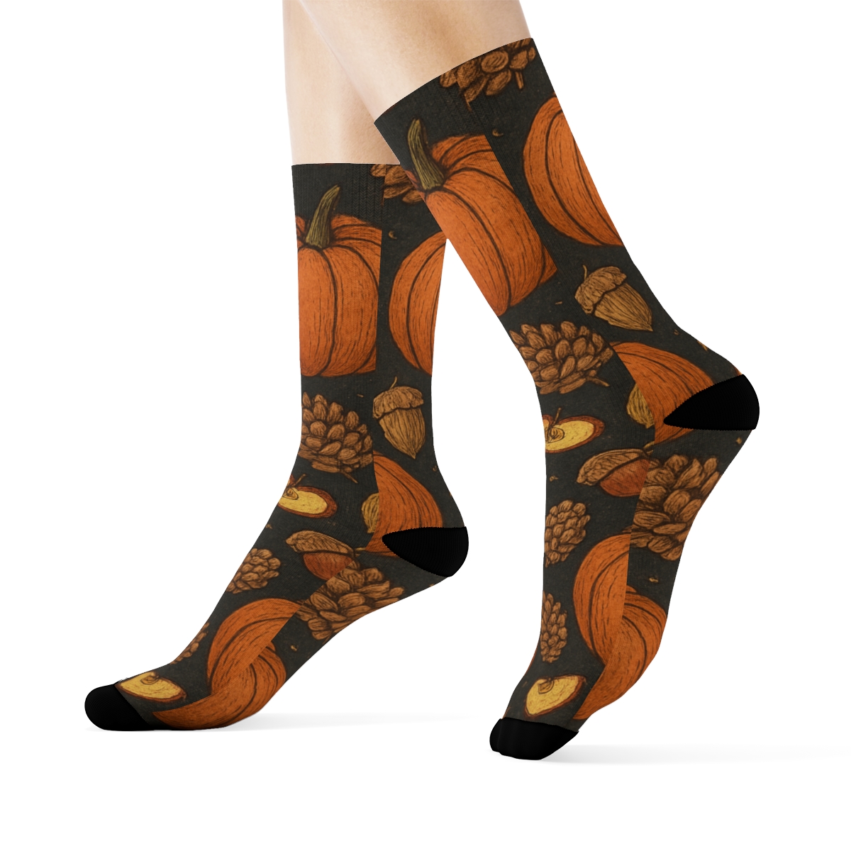 Harvest Pumpkin And Acorn Mirror Tile On Charcoal Background trendy patterned crew socks