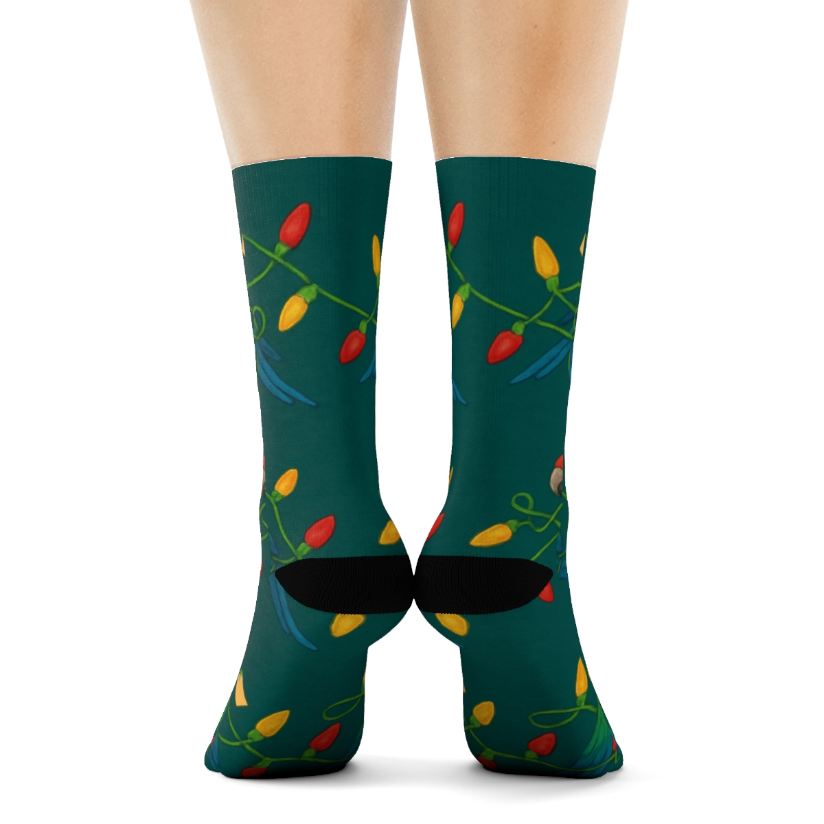Parrot Christmas Lights Wave On Teal Background unique graphic crew socks
